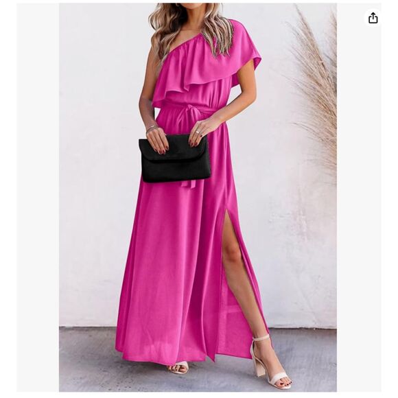 Kirundo Pink Maxi Dress Ruffle One Shoulder High Waist Split Small NWT - Picture 2 of 16